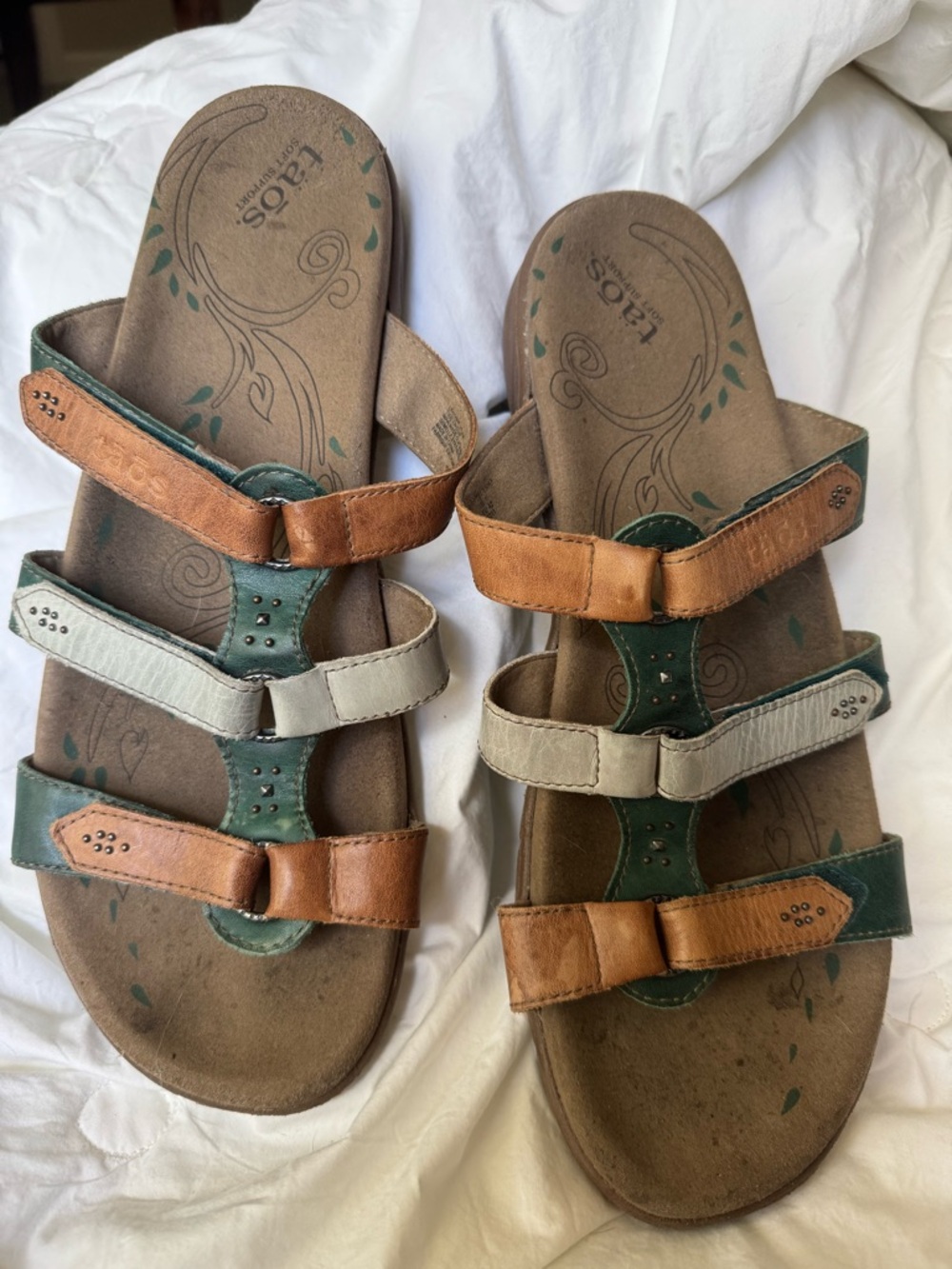 Taos Leather Slide Sandals - Brown, Green, Cream size 11
